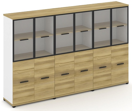 Шкаф три широкие секции, 4 ниши (6 фасадов ЛДСП, 2 ниши + 6 фасадов стекло прозрачное в раме, 2 ниши) CN.STS-432 RP B/W