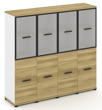 Шкаф четыре узкие секции, 4 ниши (4 фасада ЛДСП, 2 ниши + 2 фасада стекло белое матовое в раме, 2 ниши) CN.STU-442 RM B/W