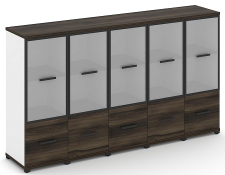 Шкаф пять узких секций, 3 ниши (5 фасадов ЛДСП, 1 ниша + 5 фасадов стекло белое матовое, 2 ниши) CN.STU-352 RM B/W