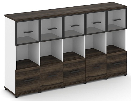 Шкаф пять узких секций, 3 ниши (5 фасадов ЛДСП, 1 ниши + 5 фасадов стекло прозрачное в раме, 1 ниша) CN.STU-355 RP B/W