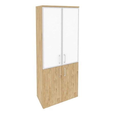 Шкаф высокий широкий (2 низких фасада ЛДСП + 2 средних фасада стекло лакобель в раме) O.ST-1.2R white