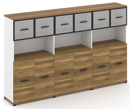 Шкаф три широкие секции, 4 ниши (6 фасадов ЛДСП, 2 ниши + 6 фасадов стекло белое матовое в раме, 1 ниша) CN.STS-435 RM B/W