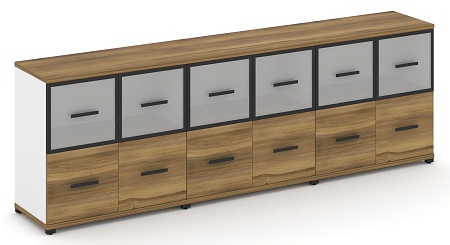 Шкаф три широкие секции, 2 ниши (6 фасадов ЛДСП, 1 ниша + 6 фасадов стекло белое матовое в раме, 1 ниша) CN.STS-232 RM