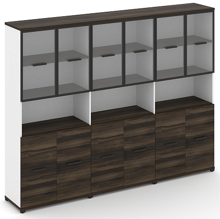 Шкаф три широкие секции, 5 ниш (6 фасадов ЛДСП,  2 ниши + 6 фасадов стекло прозрачное в раме, 2 ниши) CN.STS-533 RP B/W