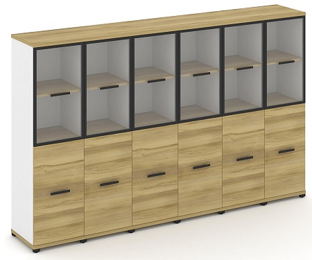 Шкаф шесть узких секций, 4 ниши (6 фасадов ЛДСП, 2 ниши + 6 фасадов стекло прозрачное в раме, 2 ниши) CN.STU-462 RP B/W