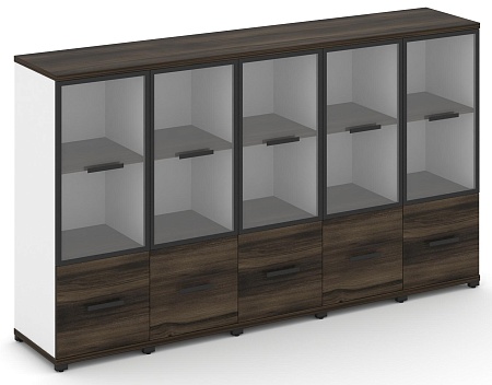 Шкаф пять узких секций, 3 ниши (5 фасадов ЛДСП, 1 ниша + 5 фасадов стекло прозрачное в раме, 2 ниши) CN.STU-352 RP B/W