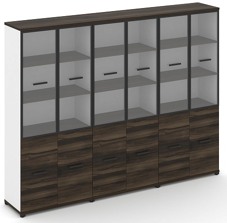 Шкаф три широкие секции, 5 ниш (6 фасадов ЛДСП, 2 ниши + 6 фасадов стекло прозрачное в раме, 3 ниши) CN.STS-532 RP B/W