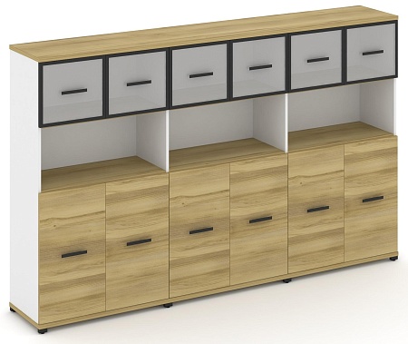 Шкаф три широкие секции, 4 ниши (6 фасадов ЛДСП, 2 ниши + 6 фасадов стекло белое матовое в раме, 1 ниша) CN.STS-435 RM B/W