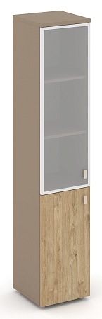 Шкаф высокий узкий левый (1 низкий фасад ЛДСП + 1 средний фасад стекло в раме сатин матовый) ES.SU-1.2R(L)