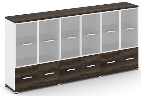 Шкаф три широкие секции, 3 ниши (6 фасадов ЛДСП, 1 нишу + 6 фасадов стекло белое матовое в раме, 2 ниши) CN.STS-332 RM B/W