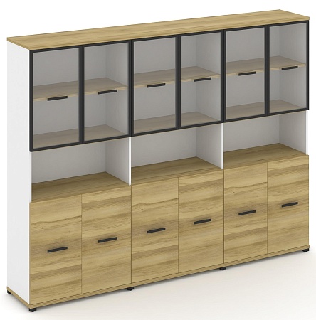 Шкаф три широкие секции, 5 ниш (6 фасадов ЛДСП,  2 ниши + 6 фасадов стекло прозрачное в раме, 2 ниши) CN.STS-533 RP B/W