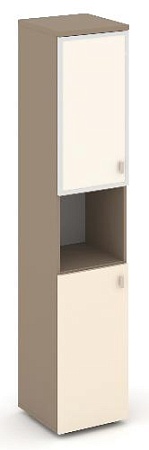 Шкаф высокий узкий левый (1 низкий фасад ЛДСП + 1 низкий фасад стекло лакобель Satin в раме) ES.SU-1.4R(L) I/U