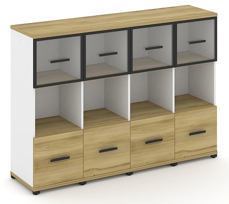 Шкаф четыре узкие секции, 3 ниши (4 фасада ЛДСП, 1 ниша + 4 фасада стекло прозрачное в раме, 1 ниша) CN.STU-345 RP B/W