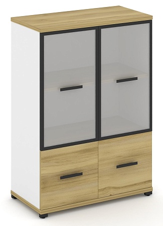 Шкаф две широкие секции, 3 ниши (2 фасада ЛДСП, 1 ниша + 2 фасада стекло белое матовое в раме, 2 ниши) CN.STS-312 RM B/W