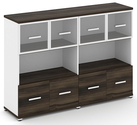 Шкаф две широкие секции, 3 ниши (4 фасада ЛДСП, 1 ниша + 4 фасада стекло прозрачное в раме, 1 ниша) CN.STS-325 RP B/W