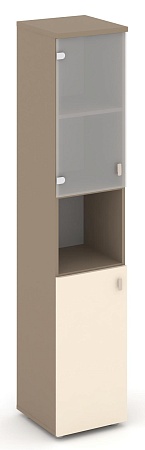 Шкаф высокий узкий левый (1 низкий фасад ЛДСП + 1 низкий фасад стекло сатин матовый) ES.SU-1.4(L)