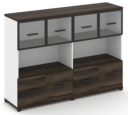 Шкаф две широкие секции, 3 ниши (4 фасада ЛДСП, 1 ниша + 4 фасада стекло прозрачное в раме, 1 ниша) CN.STS-325 RP B/W