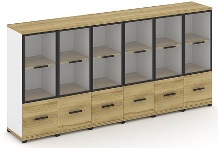 Шкаф шесть узких секций, 3 ниши (6 фасадов ЛДСП, 1 ниша + 6 фасадов стекло прозрачное в раме, 2 ниши) CN.STU-362 RP B/W