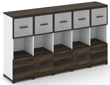 Шкаф пять узких секций, 3 ниши (5 фасадов ЛДСП, 1 ниши + 5 фасадов стекло белое матовое в раме, 1 ниша) CN.STU-355 RM B/W