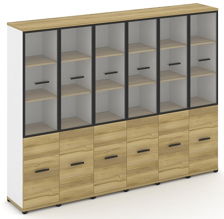 Шкаф шесть узких секций, 5 ниш (6 фасадов ЛДСП, 2 ниши + 6 фасадов стекло прозрачное в раме, 3 ниши) CN.STU-562 RP B/W