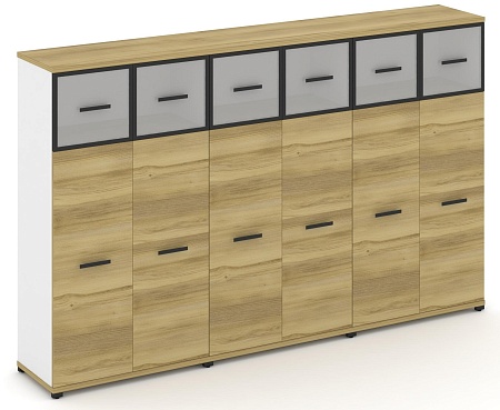 Шкаф три широкие секции, 4 ниши (6 фасадов ЛДСП, 3 ниши + 6 фасадов стекло стело белое матовое в раме, 1 ниша) CN.STS-434 RM B/W