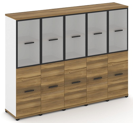 Шкаф пять узких секций, 4 ниши (5 фасадов ЛДСП, 2 ниши + 5 фасадов стекло белое матовое в раме, 2 ниши) CN.STU-452 RM B/W