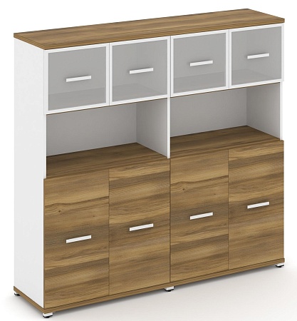 Шкаф две широкие секции, 4 ниши (4 фасада ЛДСП, 2 ниши + 4 фасада стекло белое матовое в раме, 1 ниша) CN.STS-425 RM B/W