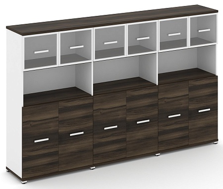 Шкаф три широкие секции, 4 ниши (6 фасадов ЛДСП, 2 ниши + 6 фасадов стекло прозрачное в раме, 1 ниша) CN.STS-435 RP B/W