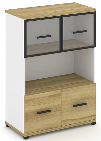 Шкаф две широкие секции, 3 ниши (2 фасада ЛДСП, 1 ниша + 2 фасада стекло прозрачное в раме, 1 ниша) CN.STS-315 RP B/W