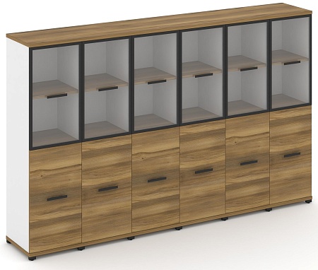 Шкаф шесть узких секций, 4 ниши (6 фасадов ЛДСП, 2 ниши + 6 фасадов стекло прозрачное в раме, 2 ниши) CN.STU-462 RP B/W