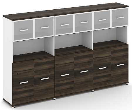 Шкаф три широкие секции, 4 ниши (6 фасадов ЛДСП, 2 ниши + 6 фасадов стекло белое матовое в раме, 1 ниша) CN.STS-435 RM B/W