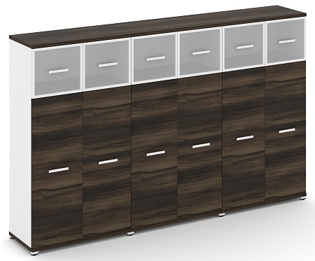 Шкаф три широкие секции, 4 ниши (6 фасадов ЛДСП, 3 ниши + 6 фасадов стекло стело белое матовое в раме, 1 ниша) CN.STS-434 RM B/W