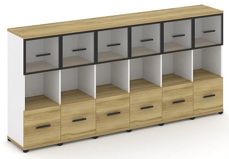 Шкаф шесть узких секций, 3 ниши (6 фасадов ЛДСП, 1 ниши + 6 фасадов стекло прозрачное в раме, 1 ниша) CN.STU-365 RP B/W