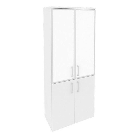 Шкаф высокий широкий (2 низких фасада ЛДСП + 2 средних фасада стекло лакобель в раме) O.ST-1.2R white