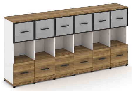 Шкаф шесть узких секций, 3 ниши (6 фасадов ЛДСП,  1 ниши + 6 фасадов стекло белое матовое в раме, 1 ниша) CN.STU-365 RM B/W