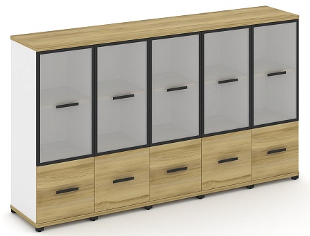 Шкаф пять узких секций, 3 ниши (5 фасадов ЛДСП, 1 ниша + 5 фасадов стекло белое матовое, 2 ниши) CN.STU-352 RM B/W