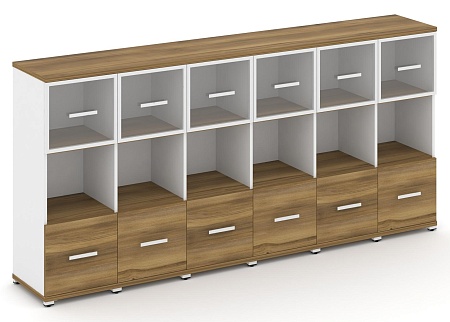 Шкаф шесть узких секций, 3 ниши (6 фасадов ЛДСП, 1 ниши + 6 фасадов стекло прозрачное в раме, 1 ниша) CN.STU-365 RP B/W