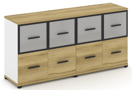 Шкаф две широкие секции, 2 нишии (4 фасада ЛДСП, 1 ниша + 4 фасада стекло прозрачное в раме, 1 ниша) CN.STS-222 RP B/W