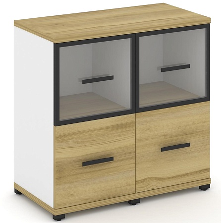 Шкаф две узкие секции, 2 ниши (2 фасада ЛДСП, 1 ниша + 2 фасада стекло прозрачное в раме, 1 ниша) CN.STU-222 RP B/W