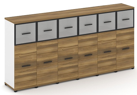 Шкаф шесть узких секций, 3 ниши (6 фасадов ЛДСП, 2 ниши + 6 фасадов стекло белое матовое в раме, 1 ниша) CN.STU-364 RM B/W