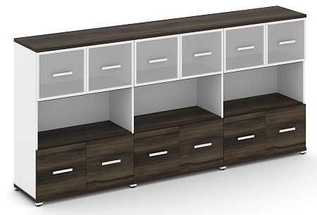 Шкаф три широкие секции, 3 ниши (6 фасадов ЛДСП, 1 ниша + 6 фасадов стекло белое матовое в раме,  1 ниша) CN.STS-335 RM B/W