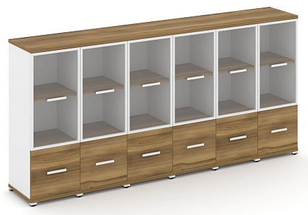 Шкаф шесть узких секций, 3 ниши (6 фасадов ЛДСП, 1 ниша + 6 фасадов стекло прозрачное в раме, 2 ниши) CN.STU-362 RP B/W