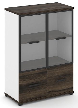 Шкаф две широкие секции, 3 ниши (2 фасада ЛДСП, 1 ниша + 2 фасада стекло прозрачное в раме, 2 ниши) CN.STS-312 RP B/W