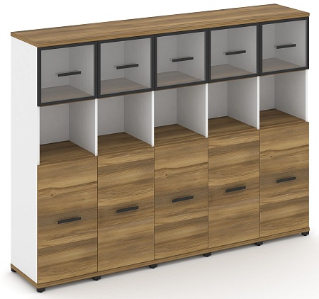 Шкаф пять узких секций, 4 ниши (5 фасадов ЛДСП, 2 ниши + 5 фасадов стекло прозрачное в раме, 1 ниша) CN.STU-455 RP B/W