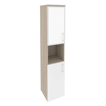 Шкаф высокий узкий левый (1 низкий фасад ЛДСП + 1 низкий фасад стекло лакобель в раме) O.SU-1.4R(L)white