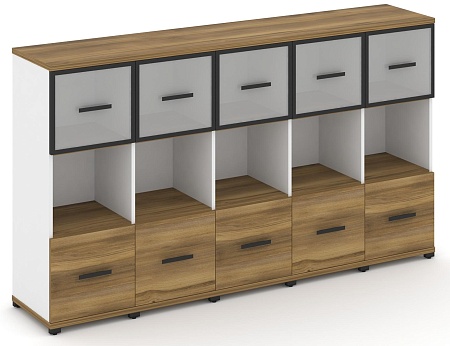 Шкаф пять узких секций, 3 ниши (5 фасадов ЛДСП, 1 ниши + 5 фасадов стекло белое матовое в раме, 1 ниша) CN.STU-355 RM B/W