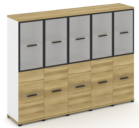 Шкаф пять узких секций, 4 ниши (5 фасадов ЛДСП, 2 ниши + 5 фасадов стекло белое матовое в раме, 2 ниши) CN.STU-452 RM B/W