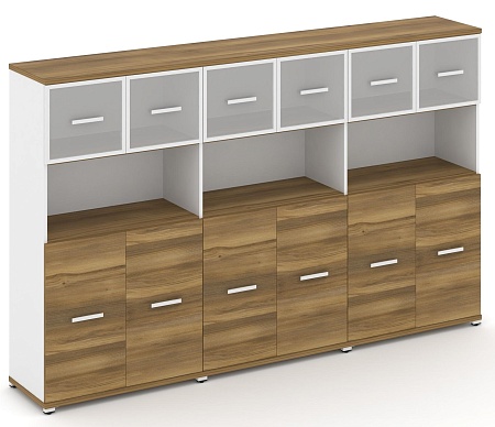 Шкаф три широкие секции, 4 ниши (6 фасадов ЛДСП, 2 ниши + 6 фасадов стекло белое матовое в раме, 1 ниша) CN.STS-435 RM B/W