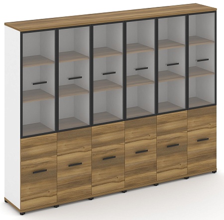 Шкаф шесть узких секций, 5 ниш (6 фасадов ЛДСП, 2 ниши + 6 фасадов стекло прозрачное в раме, 3 ниши) CN.STU-562 RP B/W