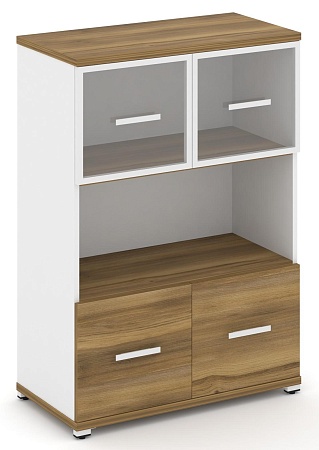 Шкаф две широкие секции, 3 ниши (2 фасада ЛДСП, 1 ниша + 2 фасада стекло прозрачное в раме, 1 ниша) CN.STS-315 RP B/W